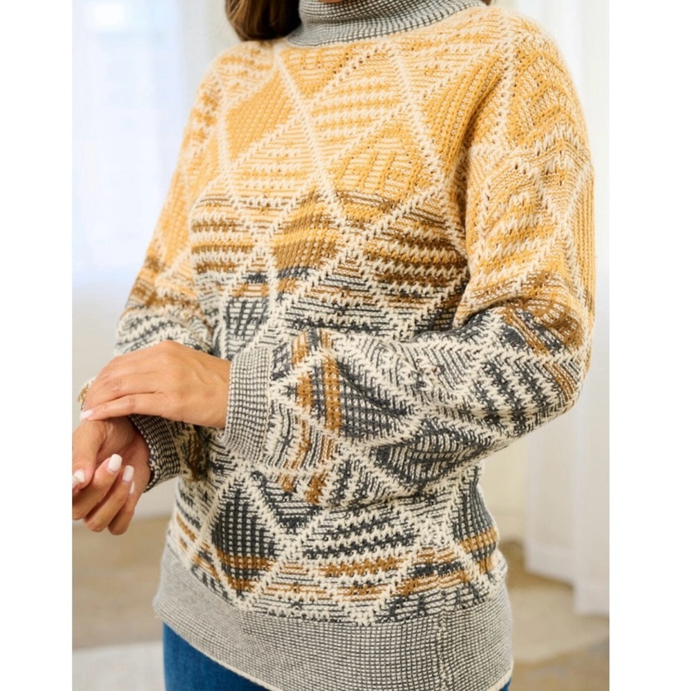 HEM & THREAD Aztec Mock Turtleneck Geometric Textured Patterned Sweater Pullover - Picture 3 of 10